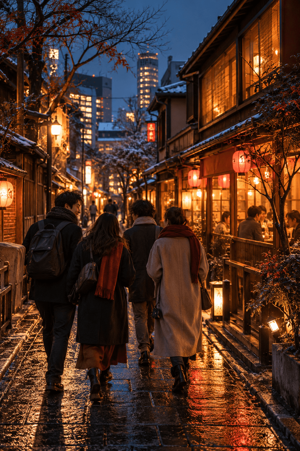 Friends exploring a lantern-lit Tokyo street in winter